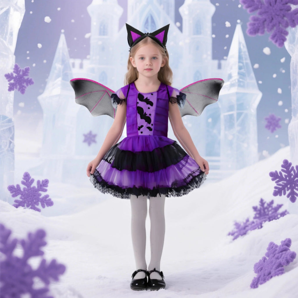 2025 Kids Girls Purple Bat Vampire Princess Dress Fancy Cosplay Costume Witch Clothes Wth Wing Halloween Role Play Clothing