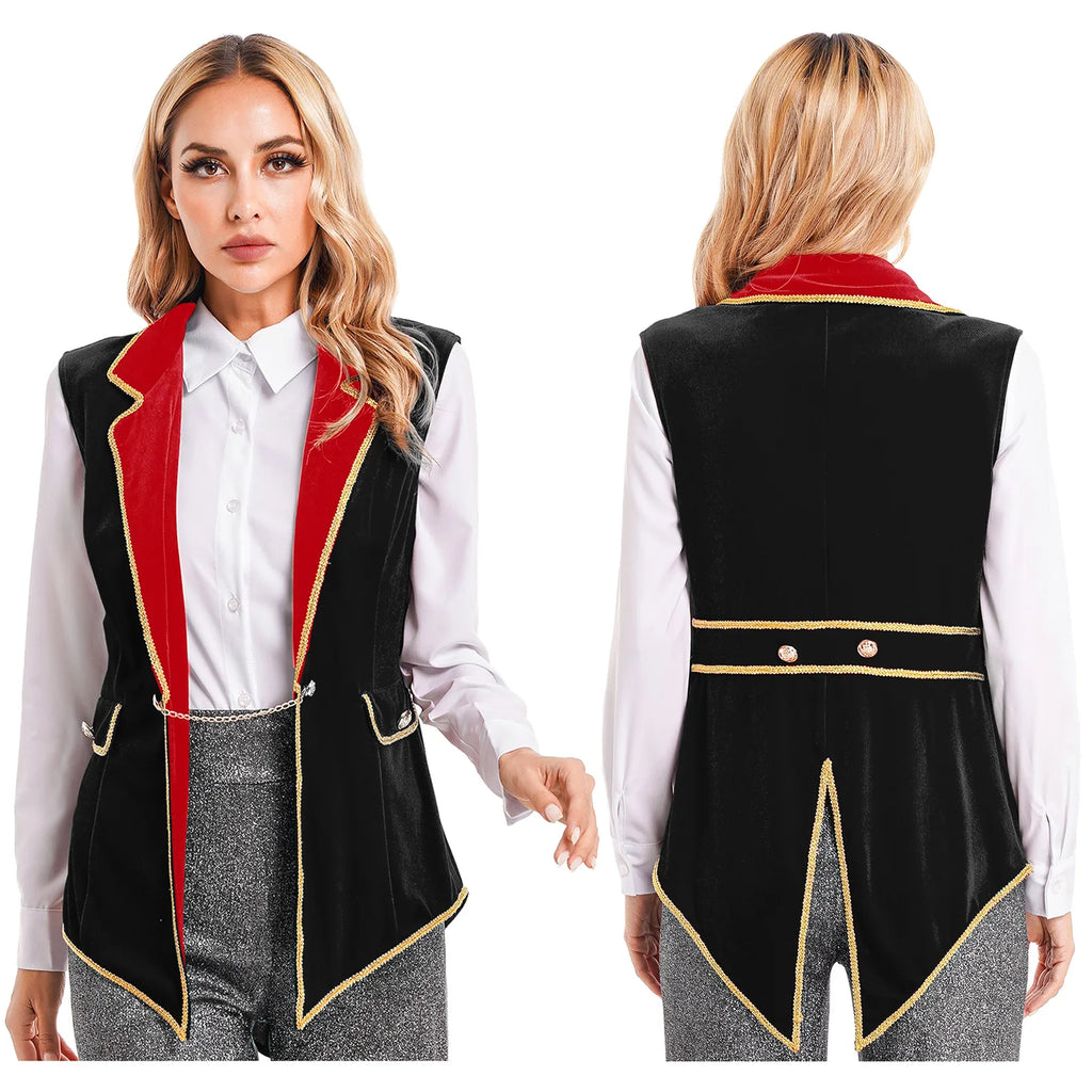 Womens Circus Ringmaster Costumes Halloween Showman Cosplay Tailcoat Lapel Vest Jacket Ringleader Lion Tamer Velvet Waistcoat