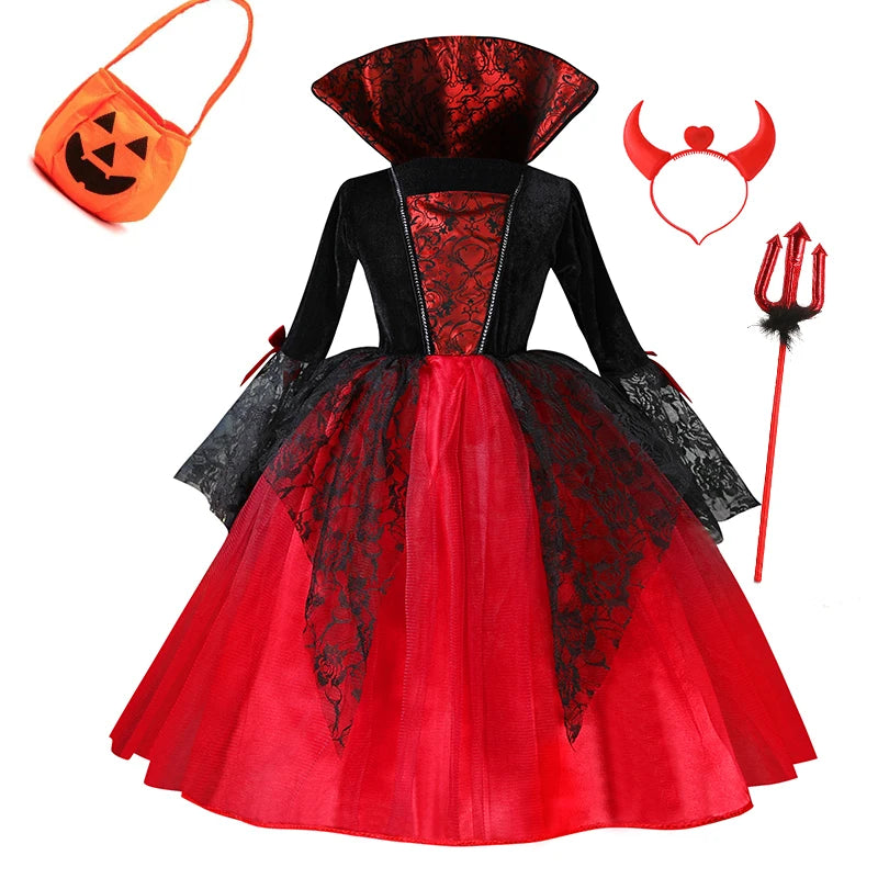 Girl Vampire Halloween Dress For Kid Ghost Bride Gothic Cosplay Vampire Costume Count Vampiran Carnival Outfit Black Red Clothes