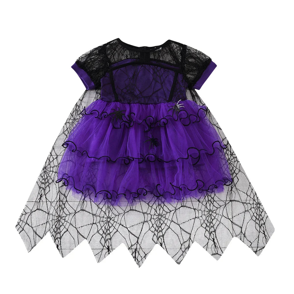 Halloween Girl With Cloak Witch Cosplay Party Dress Toddler Short Sleeve Spider Pattern Lace Tutu Knee Mesh Costume Dresses 1-5Y