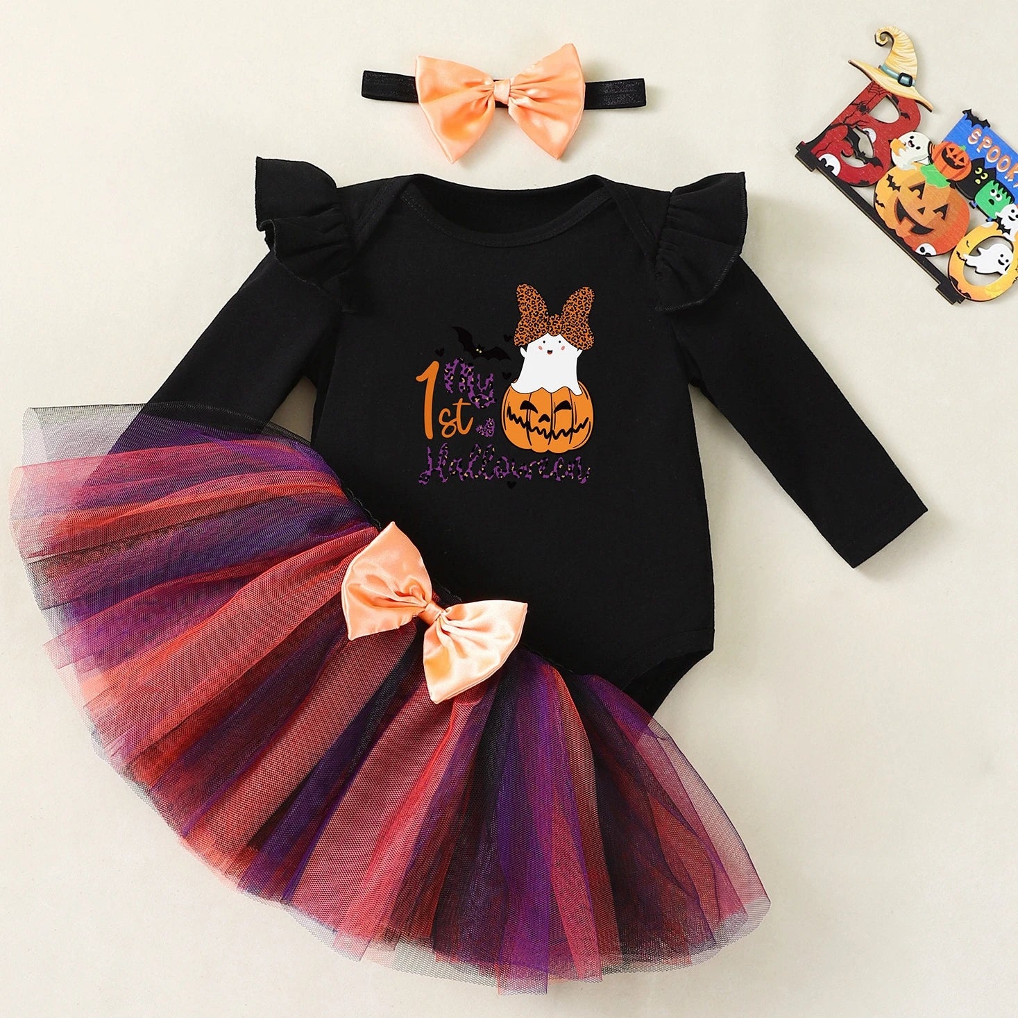My First Halloween Baby Girl Costume Long Sleeves Ghost Bodysuit Tutu Skirt Bow Headband 0-3 Moths Infant Girl Halloween Clothes