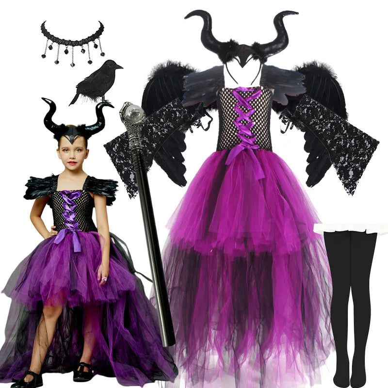 Maleficent Halloween For Children Costume Tulle Purple Black Dress Girls Cosplay Vestidos Party Evil Queen Mesh Princess Dresses