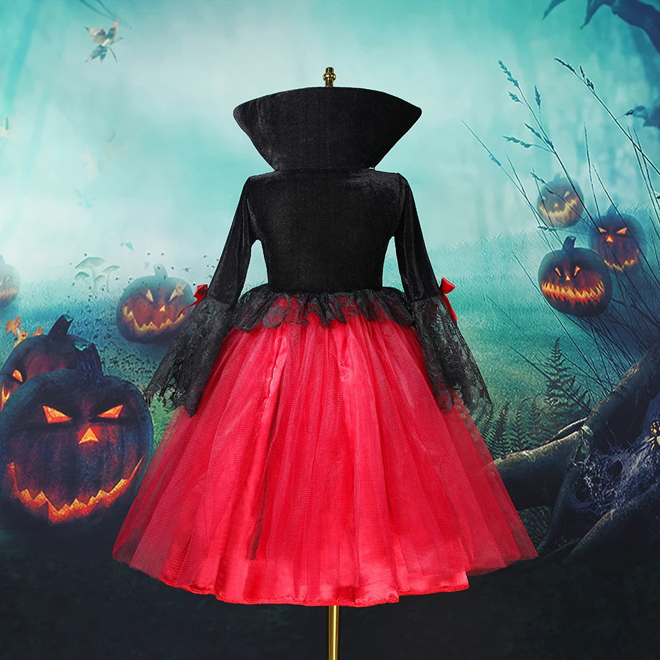 2025 Girls Cosplay Vampire Halloween Dress For Kids Ghost Bride Gothic Costume Count Vampiran Carnival Outfit Black Red Clothes