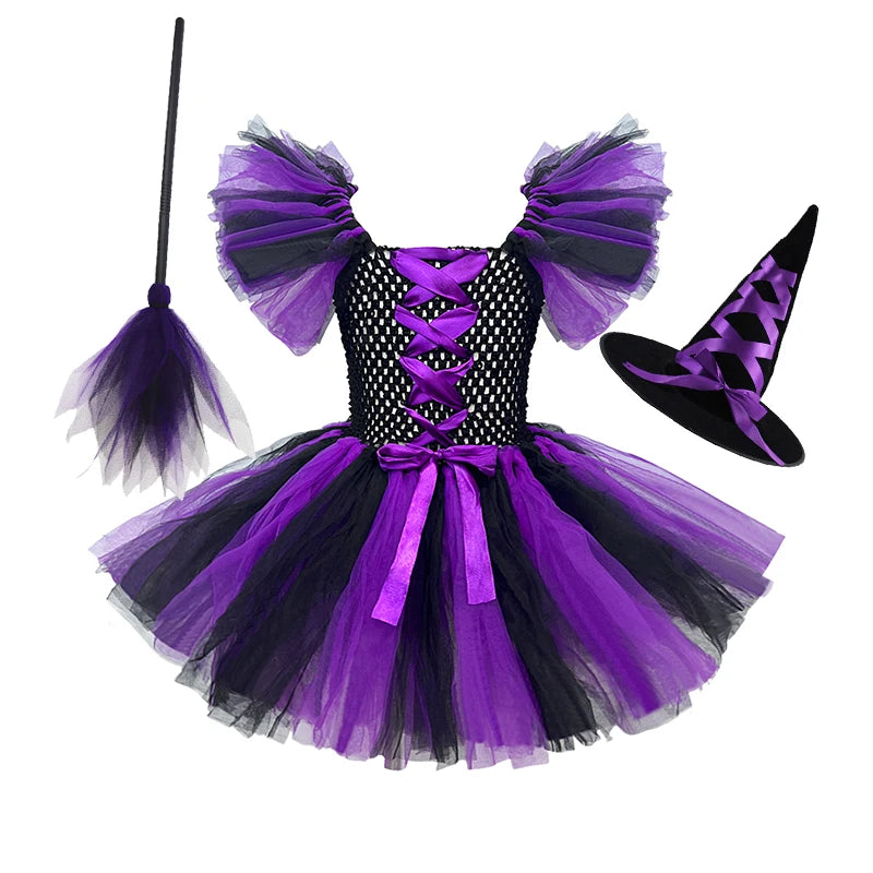 Girls Colour Witch Costume Disguise Halloween Cosplay Carnival Party Christmas Toddler Kids Princess Dress Prom Gown Dress