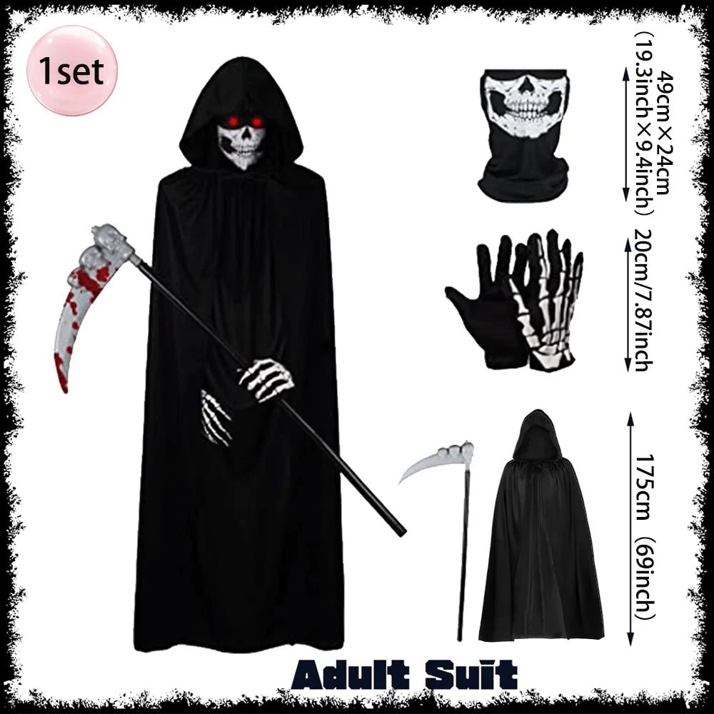 Halloween Grim Reaper Costume Set Halloween Cape Adult Kid Role Playing Props Grim Reaper Ghost Scythe Mask and Gloves Unisex