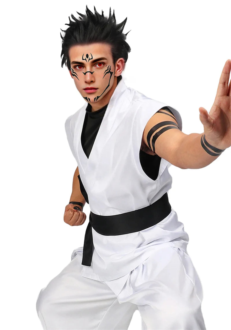 DAZCOS Ryomen Sukuna Costume White Kung Fu Suit with Tattoo Stickers Ryomen Sukuna as Megumi Showdown Cosplay Costume Full Set