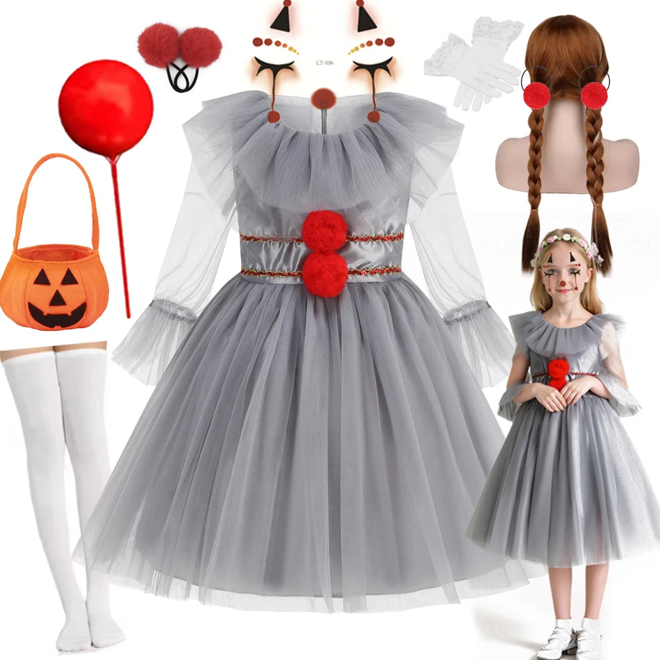 Gray Girls Joker Movie Cosplay Halloween Costume Tutu Dress Creepy Clown Thriller Party Clothes Children Tulle Fancy Party Dress
