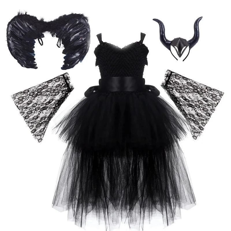 Halloween Witch Princess Dress Birthday Party Cosplay Angel Jumpsuit Children Mesh Tutu Pink Lace Sling vampire Costume for Girl