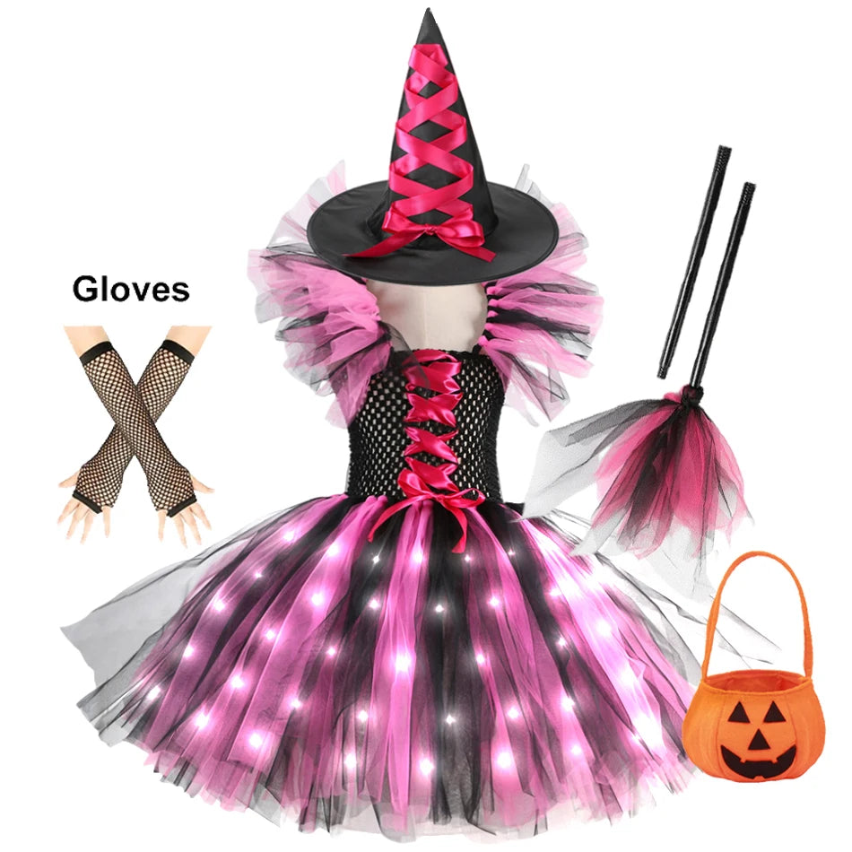 2025 Girls Witch Halloween Cosplay LED Dress Carnival Vestidos Party Kids Children Glowing Costume Party Princess Dress