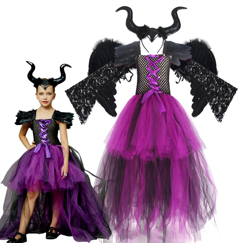 Maleficent Halloween For Children Costume Tulle Purple Black Dress Girls Cosplay Vestidos Party Evil Queen Mesh Princess Dresses