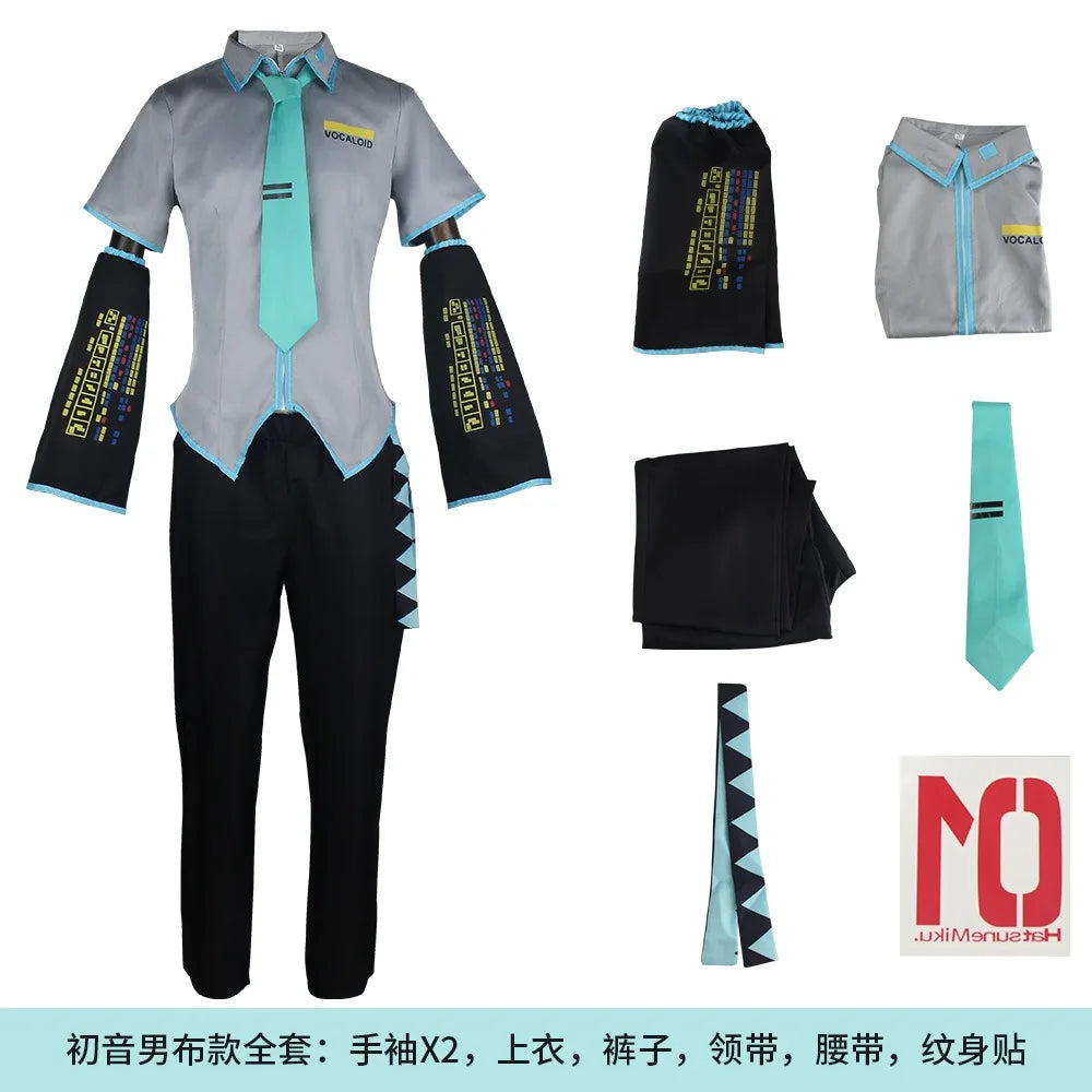 European Size Male Miku Cosplay Costume Wig Full Set Silver Leather Cloth Fabric Suit Miku Male Style Uniform