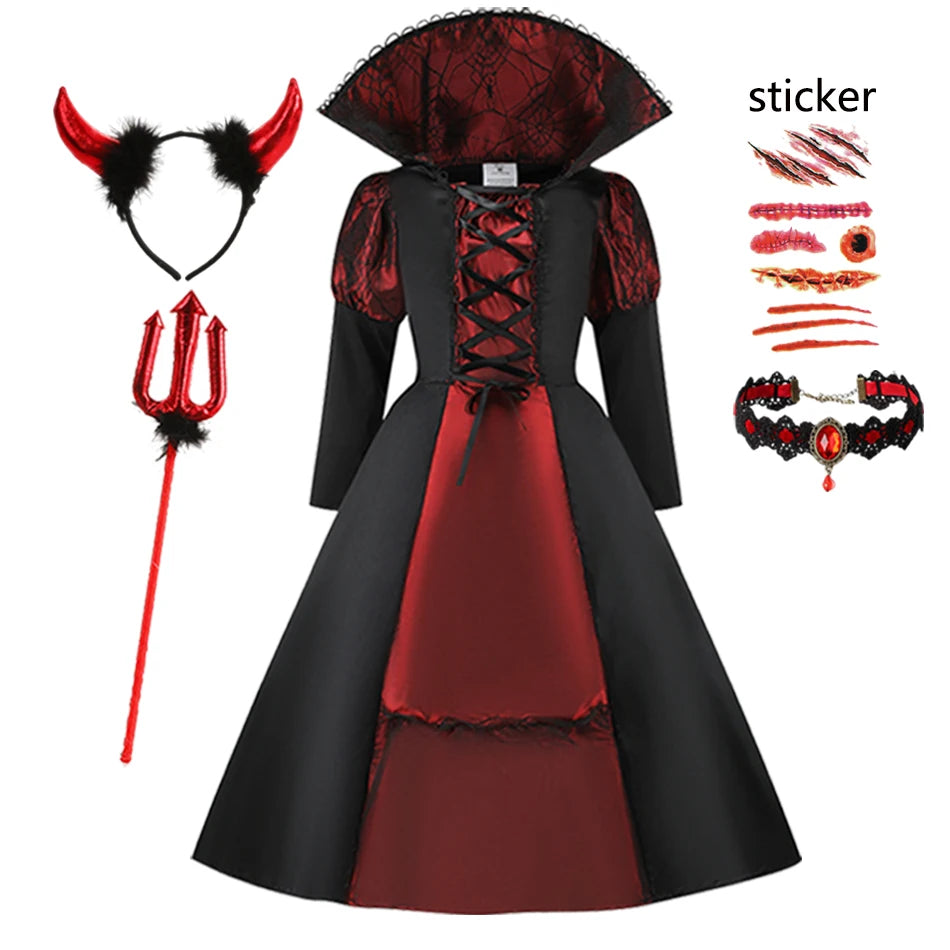 2025 Girls Boys Red Vampire Costume Ghost Bride Gothic Dress Party Kids Cosplay Clothes Halloween Outfit