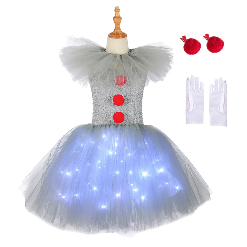 Gray Joker Girls Halloween LED Light Up Costume Tutu Dress Creepy Clown Kids Tulle Dress Carnival Party Cosplay Clothing 2-12Y