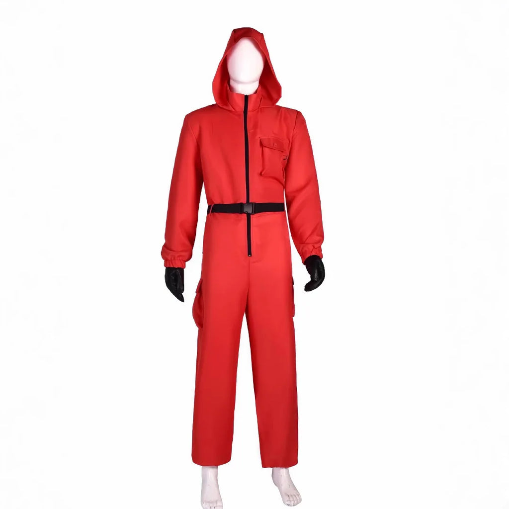 Calamari Game Guard Cosplay Costume Red Jumpsuit Outfit Adult KidsTeenagers Tracksuit Hooded Overall Belt Gloves Set Halloween