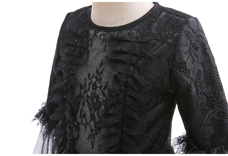 Girl Maleficent Dress Halloween Kid Witch Costume Long Sleeve Black Lace Gown Evil Role Playing Costume Carnival Cosplay Outfits