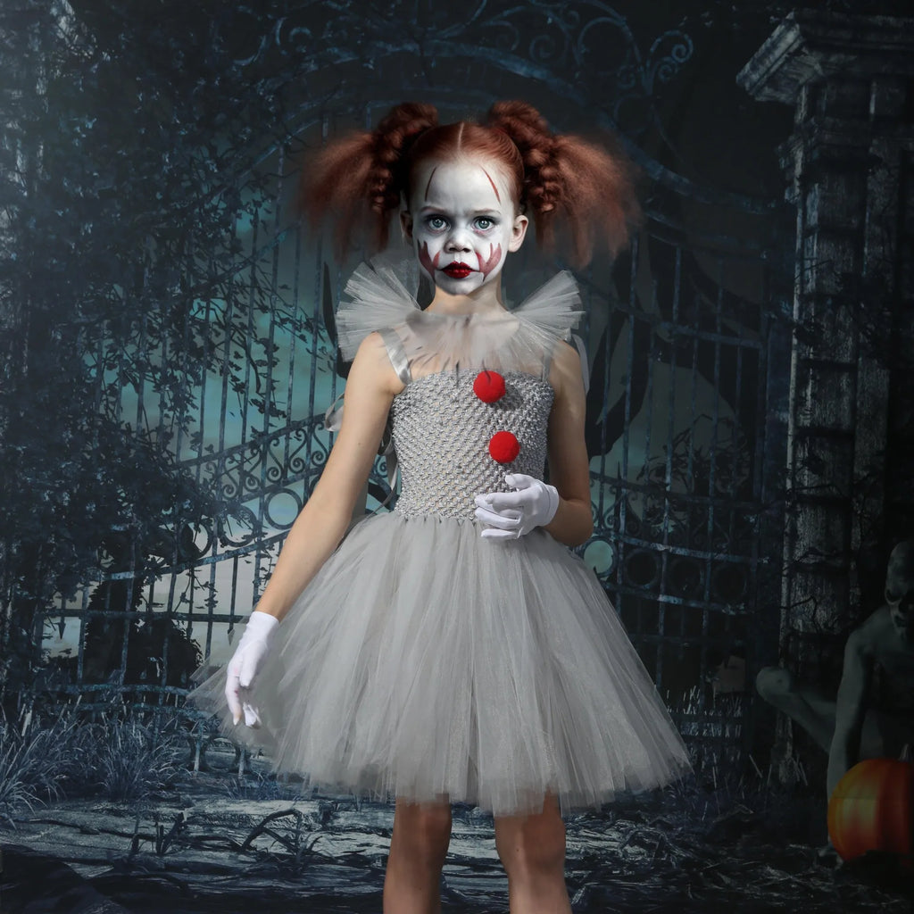 Clown Tutu Dress Girls Kids Joker Cosplay Costume with Hair Pin Gloves Halloween Apparel Pennywise Inspired Horrible Creature It