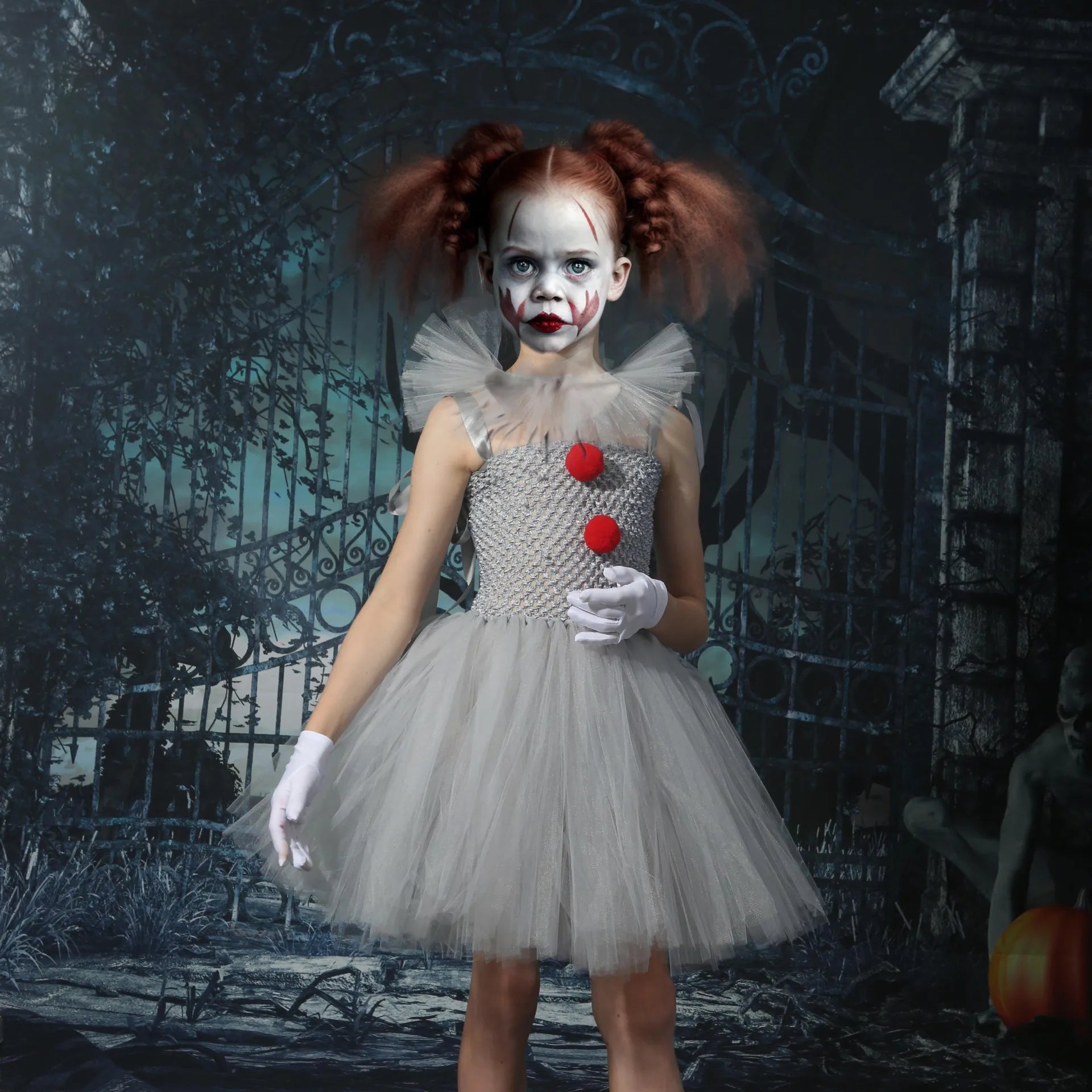 Clown Tutu Dress Girls Kids Joker Cosplay Costume with Hair Pin Gloves Halloween Apparel Pennywise Inspired Horrible Creature It