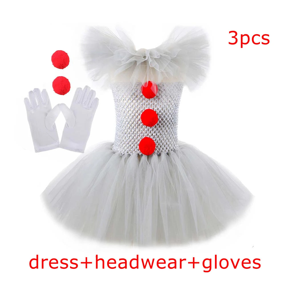 Clown Tutu Dress Girls Kids Joker Cosplay Costume with Hair Pin Gloves Halloween Apparel Pennywise Inspired Horrible Creature It