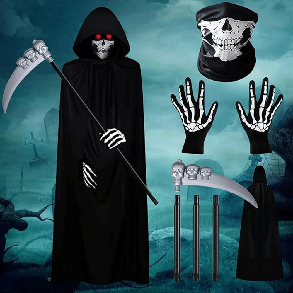 Halloween Grim Reaper Costume Set Halloween Cape Adult Kid Role Playing Props Grim Reaper Ghost Scythe Mask and Gloves Unisex