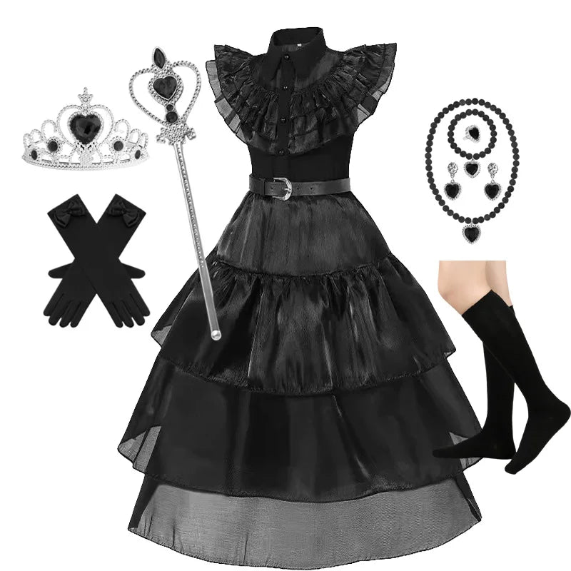 Girls Wednesdays Halloween Cosplay Costume Adams Black Gothic Family Clothes Costume Kids Carnival Fancy Dress Up