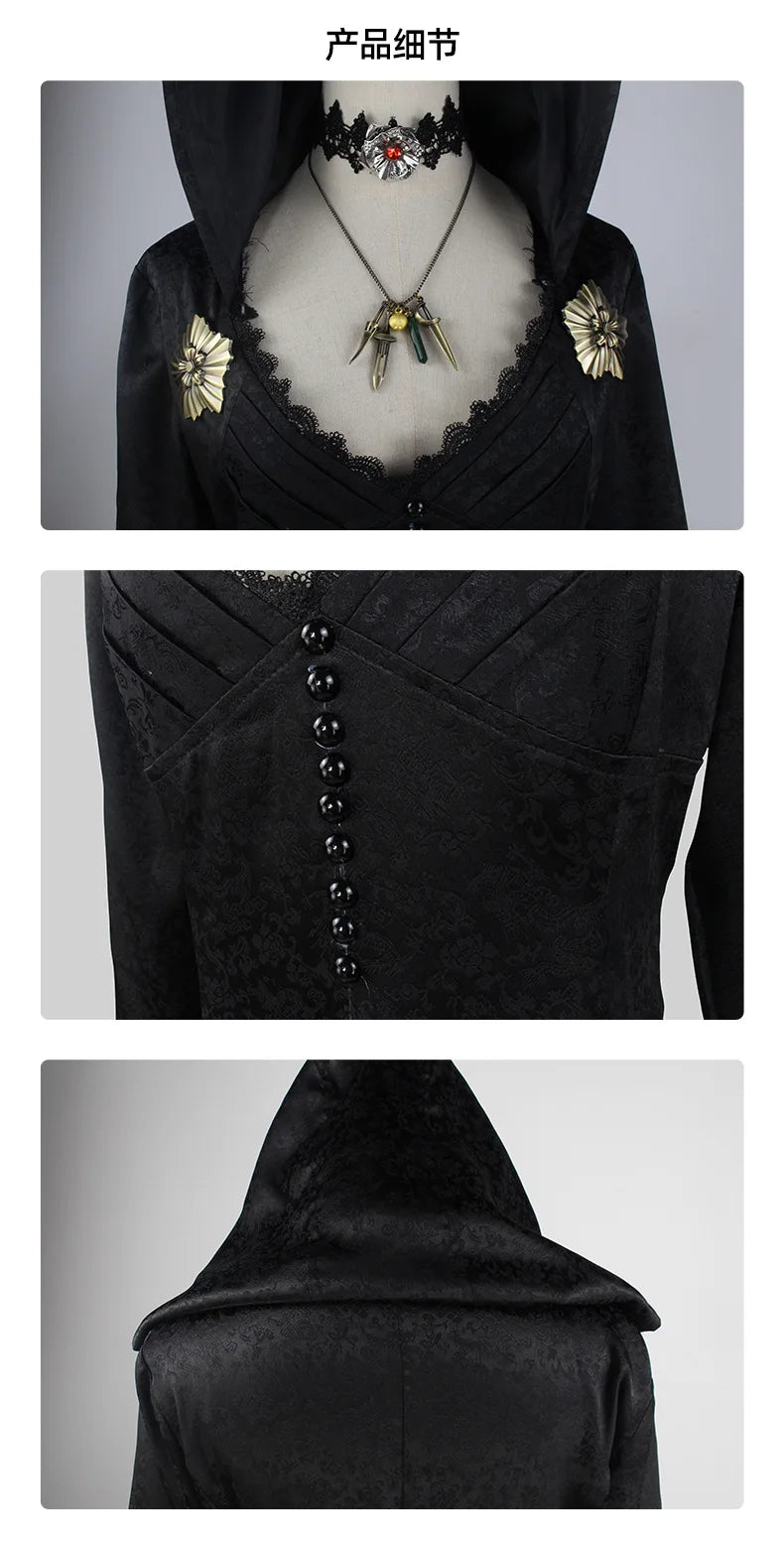 In Stock Moth Lady Evil Cosplay Fantasia Village Vampire Lady Dimitrescu Costume Women Black Dress Halloween Carnival Party Suit