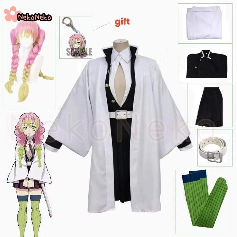 Kanroji Mitsuri Cosplay Costume Wig Anime Japanese Kimono Coat Top Skirts Stockings Halloween Party Outfits Women Girls Full Set