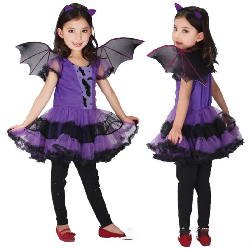 Girls Purple Bat Dress Kids Fancy Cosplay Vampire Demon Costume With Wing Headwear Halloween Carnival Witch Role Play Clothes