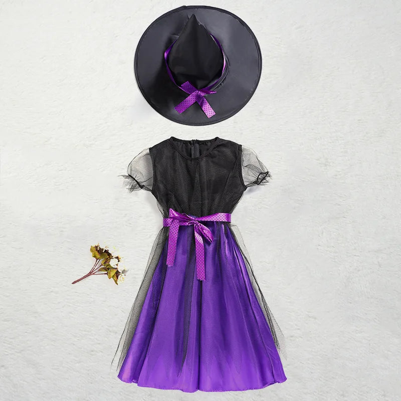 Girls Purple Bat Dress Kids Fancy Cosplay Vampire Demon Costume With Wing Headwear Halloween Carnival Witch Role Play Clothes