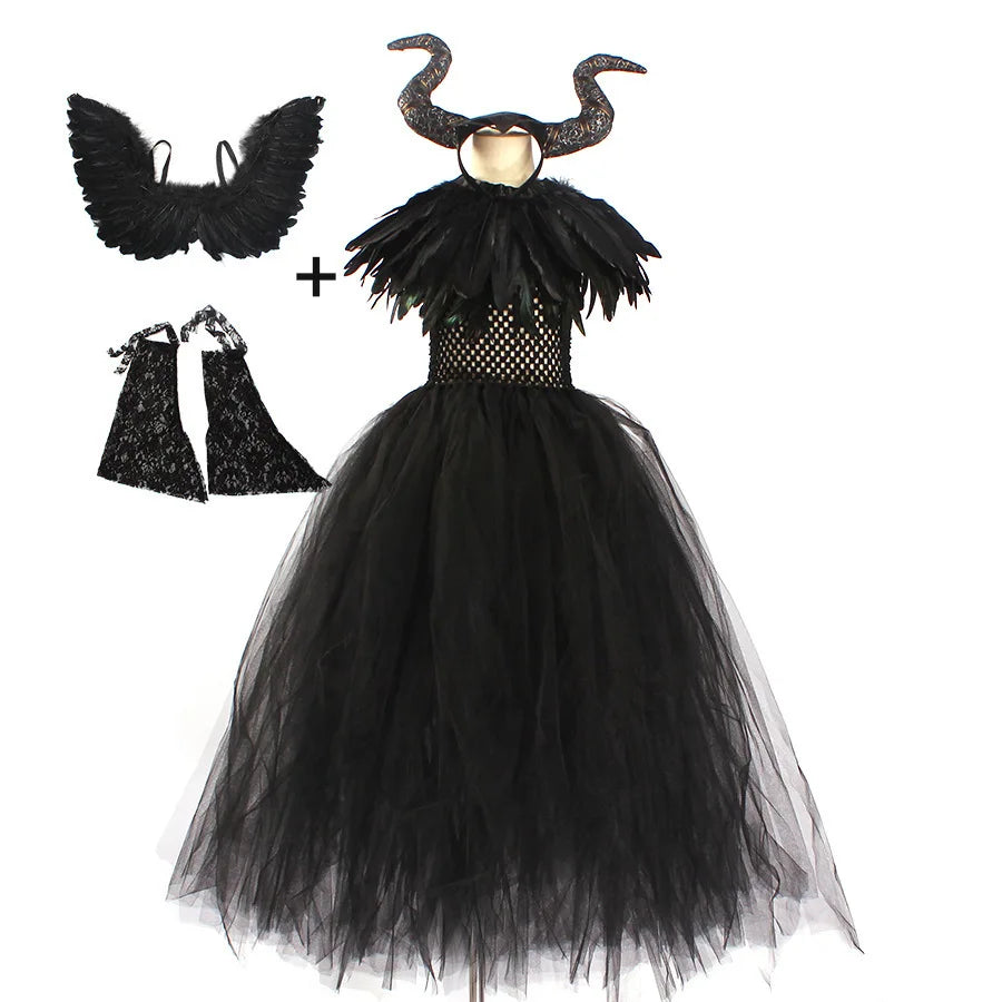 2024 New Maleficent Halloween Costume Maleficent Tulle Dress for Girls Cosplay Evil Queen Black Mesh Princess Dress Kids