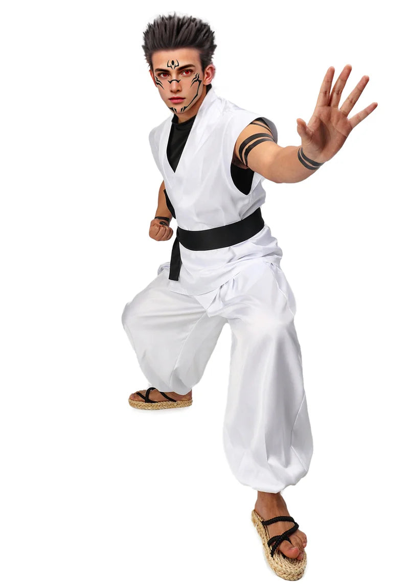 DAZCOS Ryomen Sukuna Costume White Kung Fu Suit with Tattoo Stickers Ryomen Sukuna as Megumi Showdown Cosplay Costume Full Set