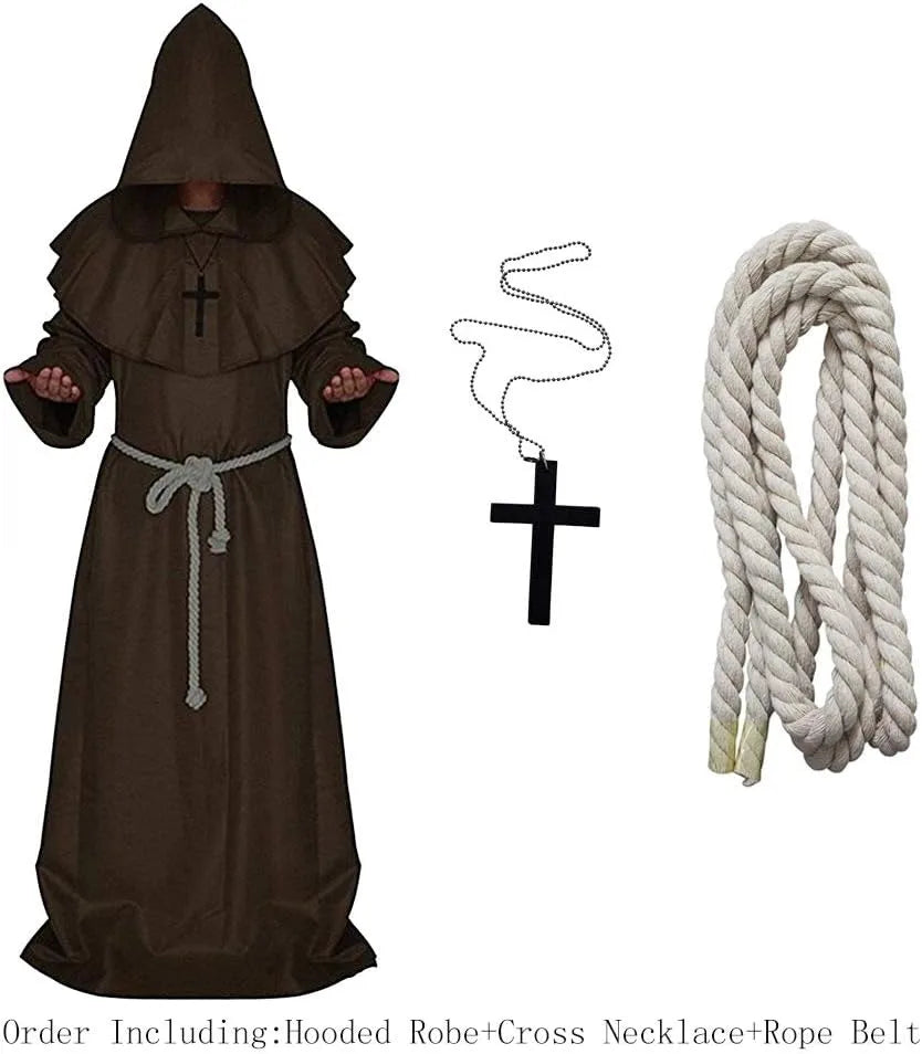 Friar Medieval Hooded Monk Renaissance Priest Robe Costume Cosplay For Halloween Costume Unisex
