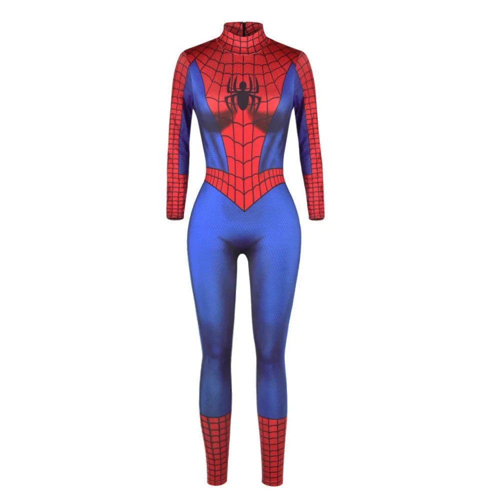 Superhero Spiderman Iron Man Bodysuit Cosplay Costume Women Slim Digital Print Jumpsuit Halloween Fancy Dress up