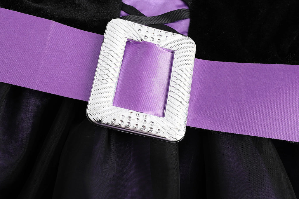 Girls' Halloween Witch Costume Purple Mesh Dress with Hat & Broom Kids Cosplay Gown for Carnival Magic Villain Role-Play