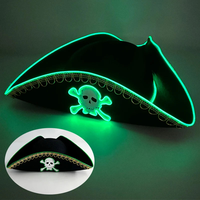 Newstyle Led Captain Hat Halloween Masquerade Pirate Theme Party Cosplay Captain Costumes Accessories Light Up Skull Pattern Hat