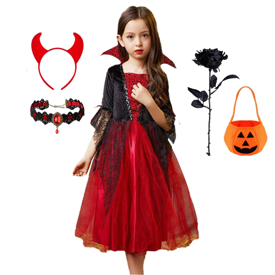 Halloween Girls Ghost Bride Mesh Vampire Costume Girls Princess Dress Performance Costume Black Evening Clothes