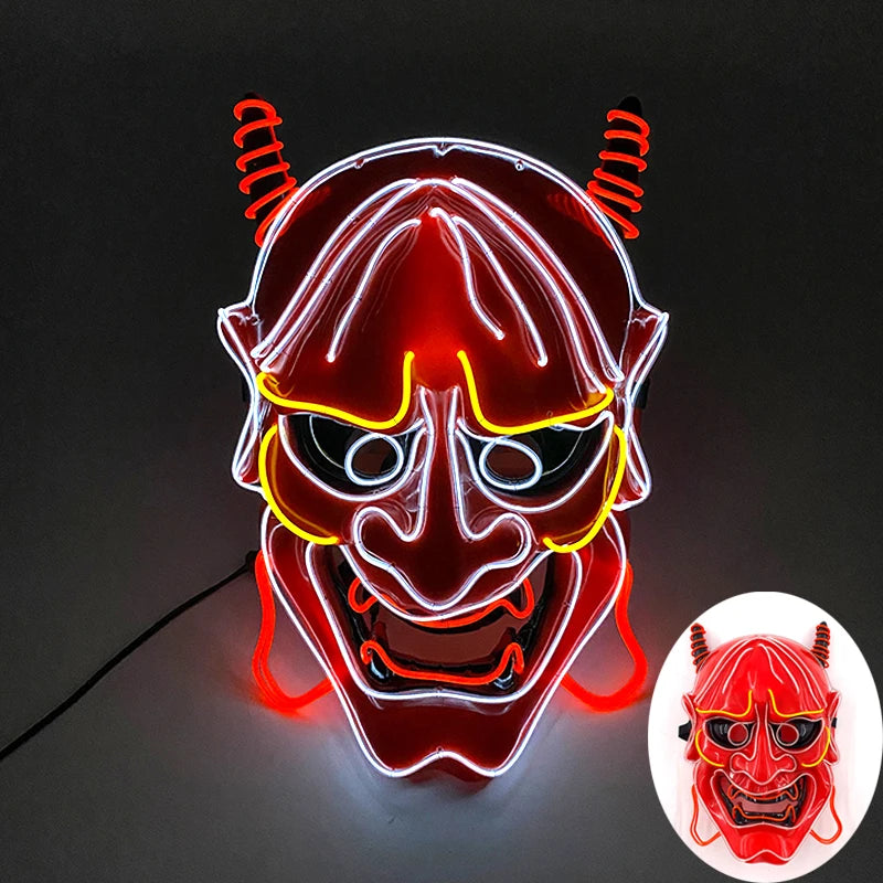 Light Up Japanese Oni Devil Mask LED Luminous Prajna Horror Mask Full Face Halloween Bar Party Props Neon Glowing Demon Mask