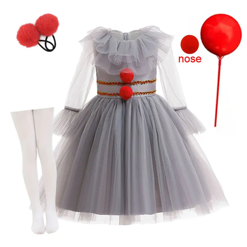 Girls New Gray Joker Dress for Kids 2025 Halloween Carnival Cosplay Creepy Clown Costume Children Dress Up Party Clothes
