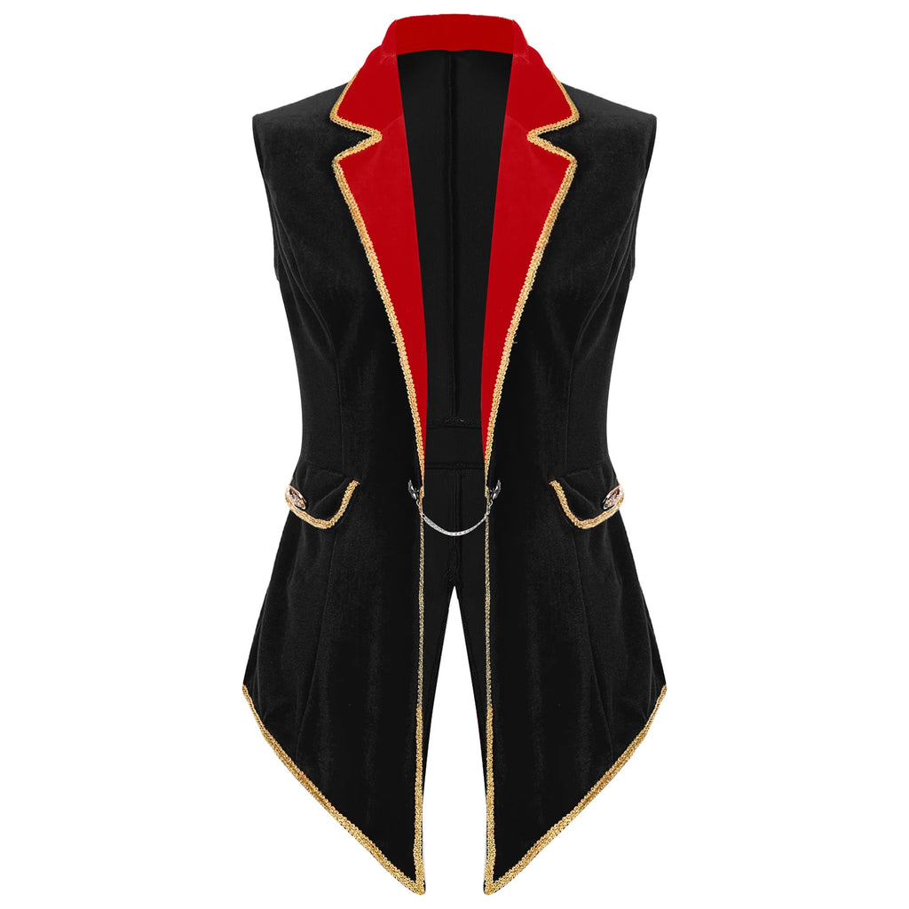 Womens Circus Ringmaster Costumes Halloween Showman Cosplay Tailcoat Lapel Vest Jacket Ringleader Lion Tamer Velvet Waistcoat