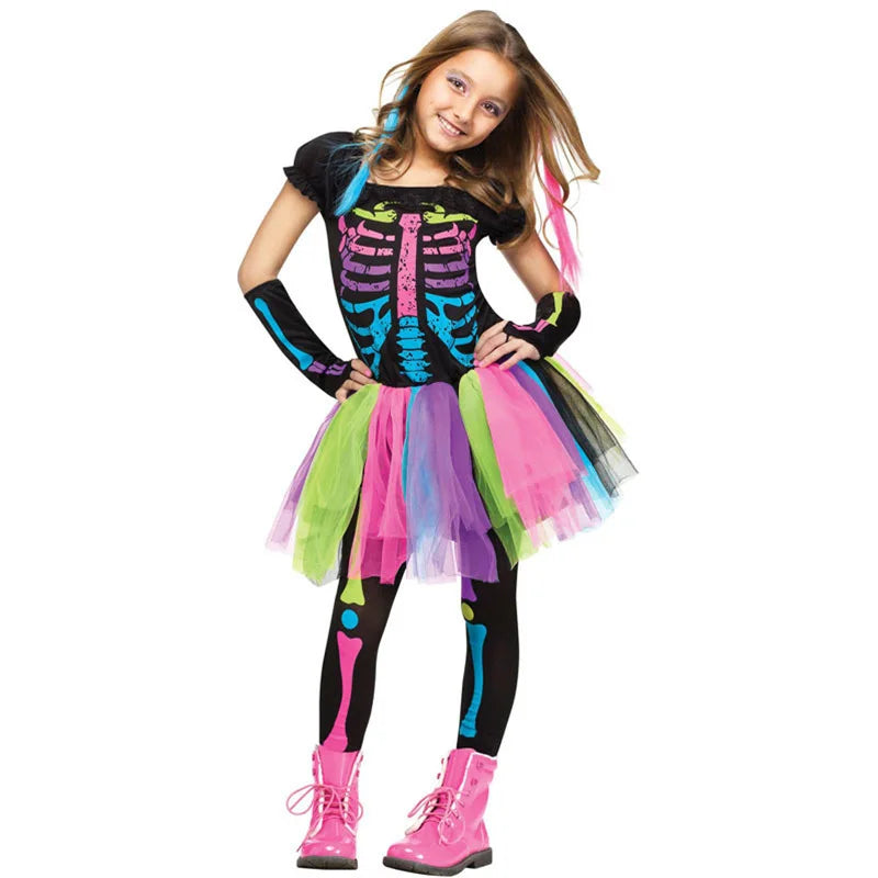 Halloween Rainbow Skeleton Girl Dress Colorful Skull Boy Costume Toddler Funky Punky Bone Cosplay Outfit Carnival Fancy Clothing