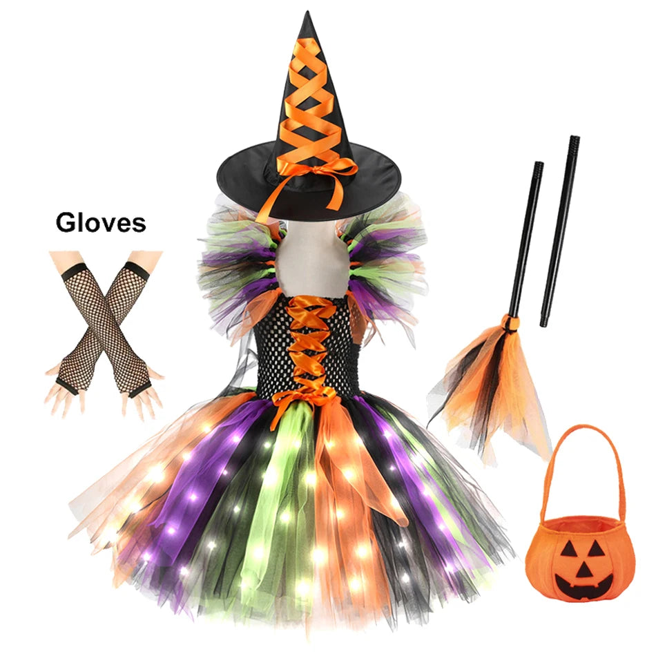 2025 Girls Witch Halloween Cosplay LED Dress Carnival Vestidos Party Kids Children Glowing Costume Party Princess Dress