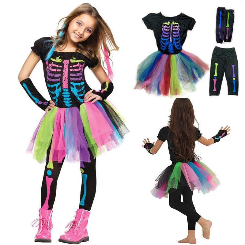 Halloween Rainbow Skeleton Girl Dress Colorful Skull Boy Costume Toddler Funky Punky Bone Cosplay Outfit Carnival Fancy Clothing