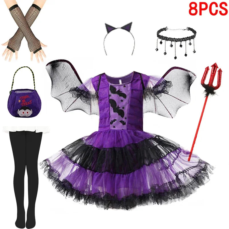 Halloween Girls Purple Bat Dress Kids Fancy Cosplay Vampire Demon Costume With Wing Headwear Carnival Witch Role Playing Clothes