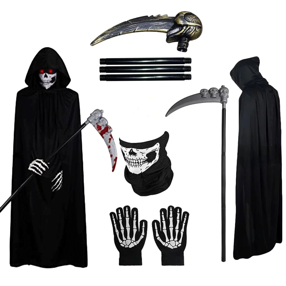 Death Cloak Suit Halloween Cosplay Costume Grim Reaper Prop Ghost Head Scythe Skull Scarf Glove Adult Kids Halloween Decoration