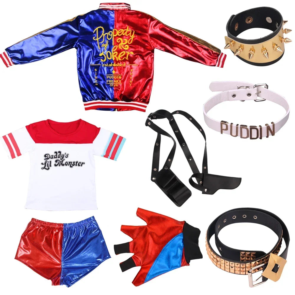 Anime Adult Dress Women Costume Quinn Girl Wig T Shirt Joker Jacket Halloween Costume Kids Glove Accessories