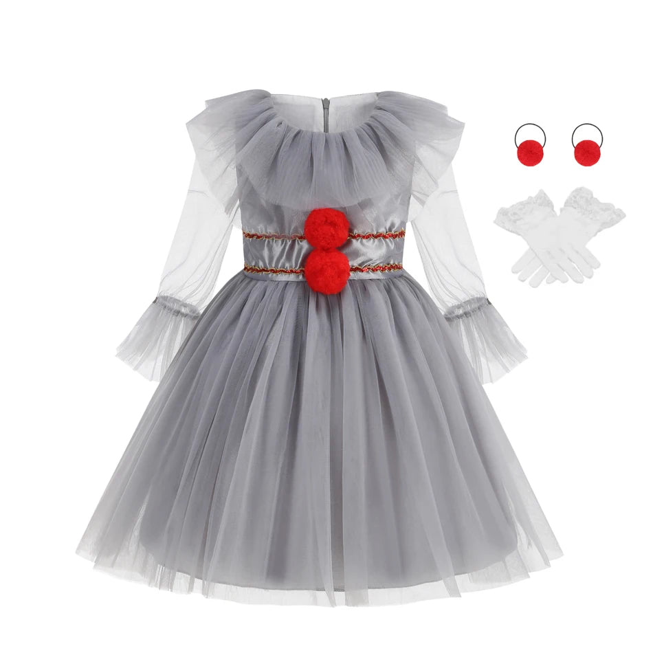Gray Girls Joker Movie Cosplay Halloween Costume Tutu Dress Creepy Clown Thriller Party Clothes Children Tulle Fancy Party Dress