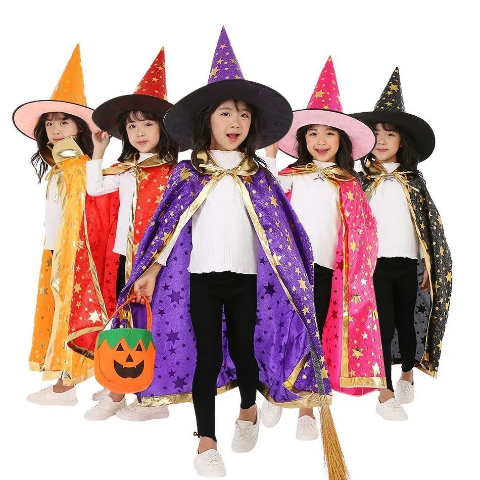 Children Cloak with Witch Hat Boys Girls Cosplay Costume Teens Black Purple Red Carnival Photography Props Kids Christmas Cape