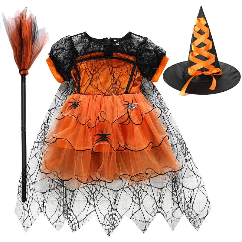 Halloween Girl With Cloak Witch Cosplay Party Dress Toddler Short Sleeve Spider Pattern Lace Tutu Knee Mesh Costume Dresses 1-5Y