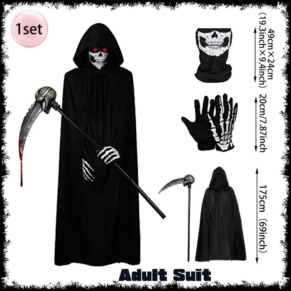 Halloween Grim Reaper Costume Set Halloween Cape Adult Kid Role Playing Props Grim Reaper Ghost Scythe Mask and Gloves Unisex