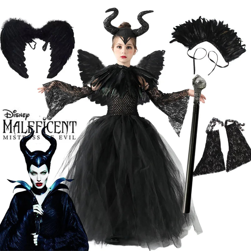 Maleficent Costume for Girls Role Play Evil Queen Gothic Villain Maleficent Princess Dress Sleeve Shawl Kids Halloween Apparel