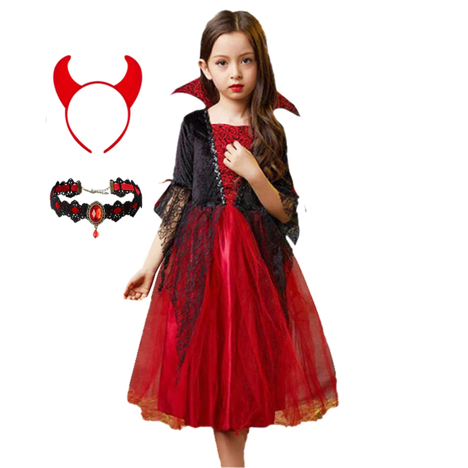 Halloween Girls Ghost Bride Mesh Vampire Costume Girls Princess Dress Performance Costume Black Evening Clothes